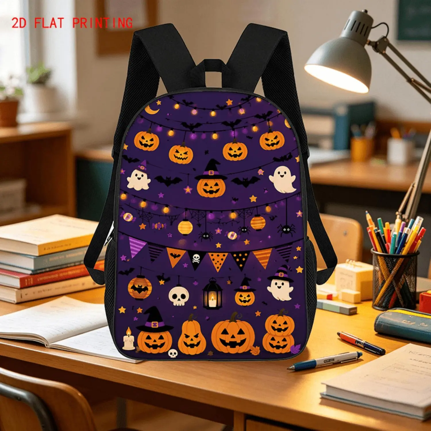 Pumpkin Ghost Halloween Print School Backpack, Spacious Laptop Rucksack with Customizable Straps & Multi Storage Pockets, Lightweight Bag for Campus Daily Commute Trips, Ideal Back to School, Birthday, Xmas, Halloween & Thanksgiving Holiday Gift