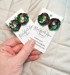 Mardi Gras Sequin Flower Stud Earrings - Unique Design with Green & Purple Accents, Perfect for Mardi Gras Celebrations