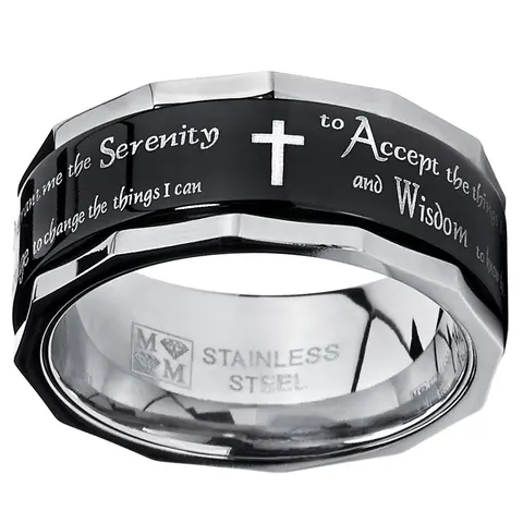 Men's 9MM Black Stainless Steel Religious Cross Serenity Prayer Fidget Spinner Ring - Hypoallergenic, Cobalt-Complimentary Casual Jewelry Accessory with Metal Rotation for Adults' Busy Brain Focus, Anxiety Relief