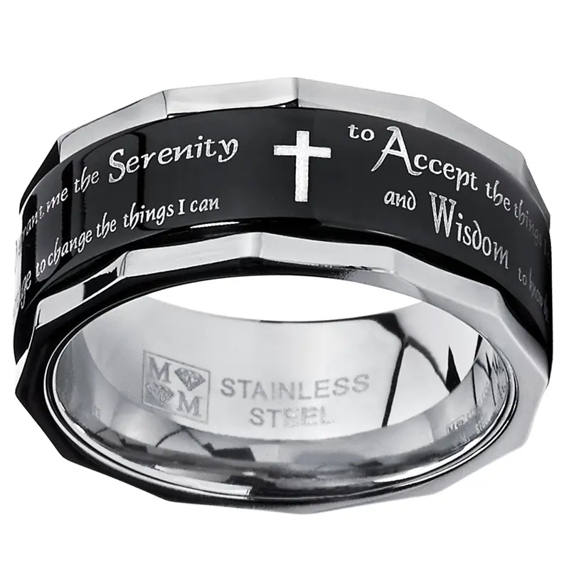 Men's 8MM Black Stainless Steel Religious Cross Serenity Prayer Fidget Spinner Anxiety Relief Ring - Hypoallergenic, Cobalt-Complimentary Customized Men's Accessory, Metal-Rotatable Casual Jewelry for Adults to Help Focus Brain
