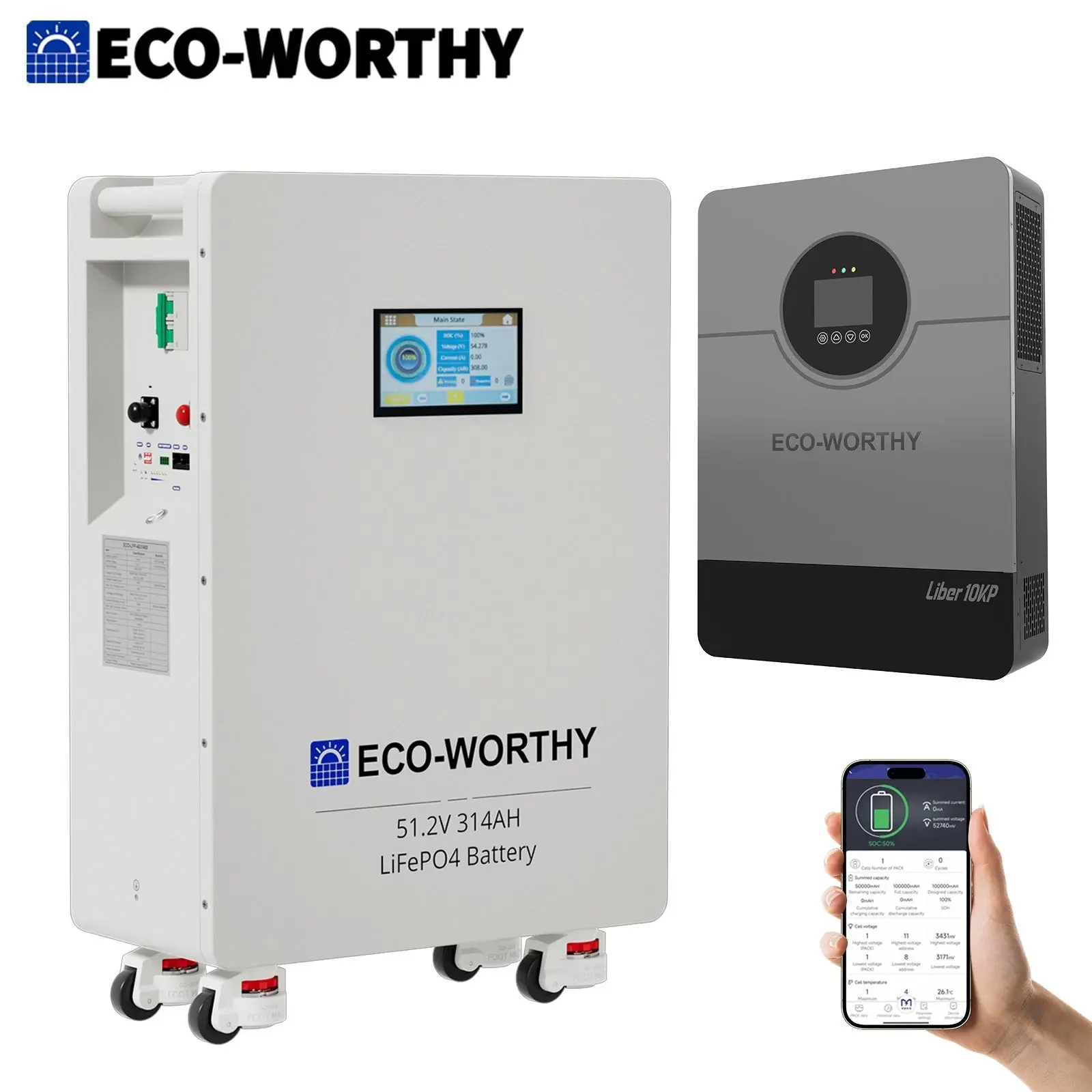ECO-WORTHY 16kWh 48V 314AH LiFePO4 Battery+10kw Off-Grid Inverter