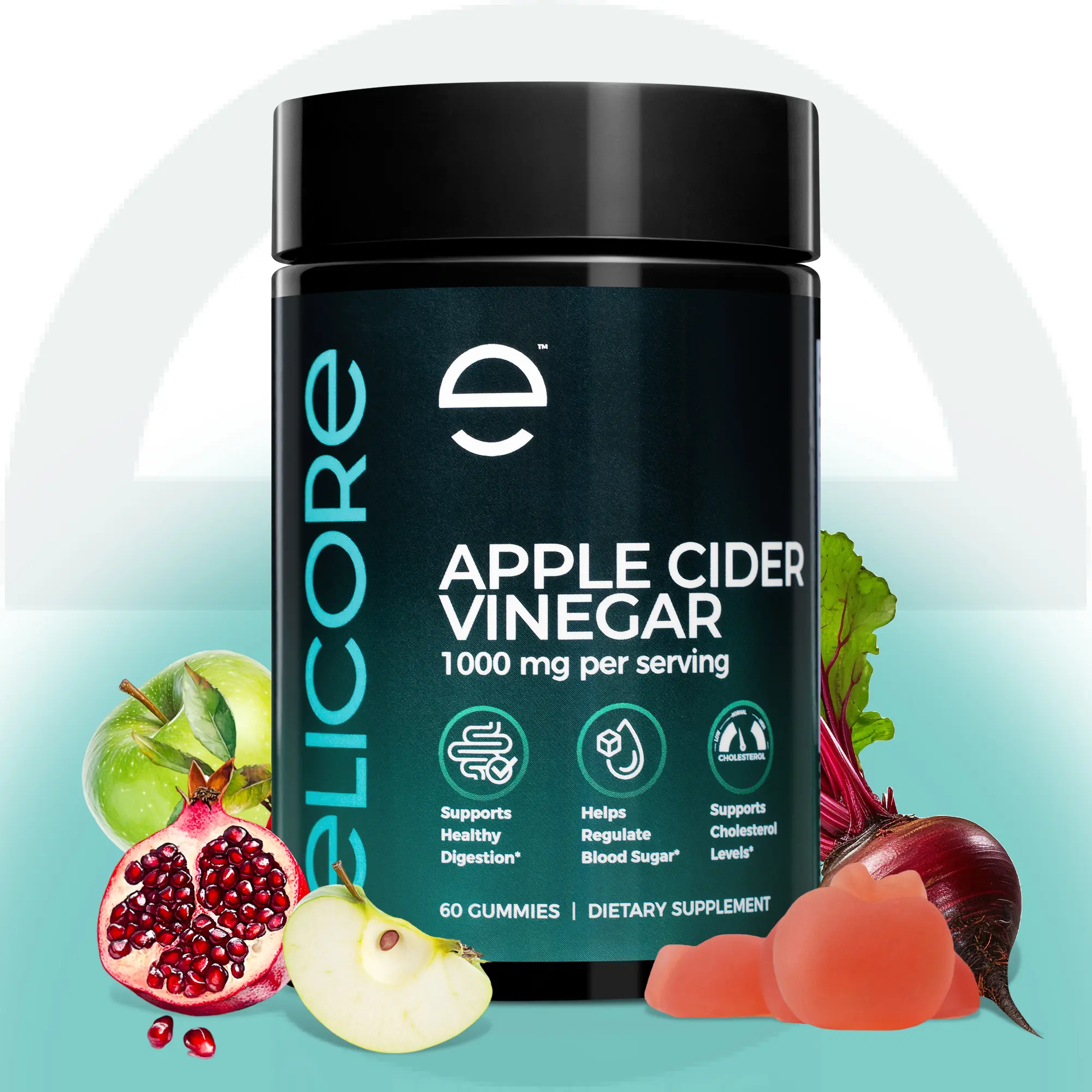 ELICORE APPLE CIDER VINEGAR 1000 mg with Vitamin B12 & Folate - Digestion Support & Daily Wellness for Men & Women – Vegan, Non-GMO, Gluten-Free & Free of TOP-9 Allergens – 60 Gummies