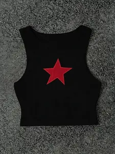 Women's Y2K Red Star Graphic Crop Tank Top | Fitted Sleeveless Ribbed Knit Crewneck Cami, 2000s Aesthetic Streetwear, Trendy Cropped Vest for Summer Outfits, Casual Daily Wear & Party Fashion Womenswear