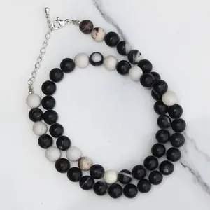 Genuine Black Zebra Jasper Beads Necklace / Handcrafted Adjustable Mala Necklace / 8 MM Round Smooth Beaded Necklace Jewelry For Her-AS & JG