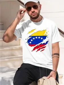 Flag of Venezuela 2026 new model Black/White Tee Stylish & Comfortable Loose Crew Neck Short Sleeve T-shirts Versatile On Trend Eye Catching Printed Graphic Casual Streetwear Tee for Daily Wear Outings & Le Round Neck