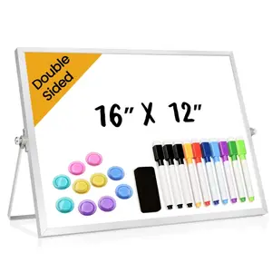 Desktop Whiteboard with Stand, 16" x 12" Double-Sided Dry Erase Board with Stand,  Includes 10 Magnets, 10 Markers,  1 Eraser，Portable Stand White Board for Office, Home, School