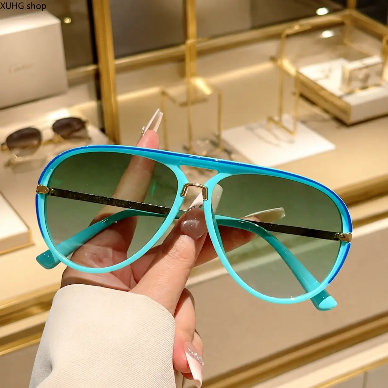 2026 New Retro Aviator Sunglasses - Dark Blue Frames, Multi-Color Gradient Tint Lenses, Blue-Gradient Green/Bp-Tea Pink Options, Decorative Street Style, Sun Protective, Versatile for Casual Outdoor Use, Aviator Shape, Decorative Look, Casual Outdoor Acti