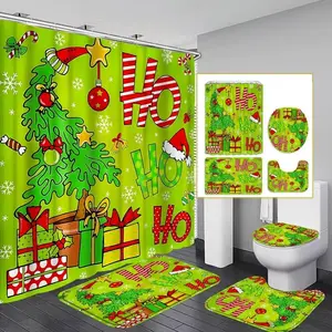 1/4pcs Christmas interesting green Christmas tree pattern design, exquisite shower curtain set, non-slip floor mat, U-shaped carpet, toilet lid cover, for bathroom decoration, partition, beautify the space, Bathroom Supplies, 12 s