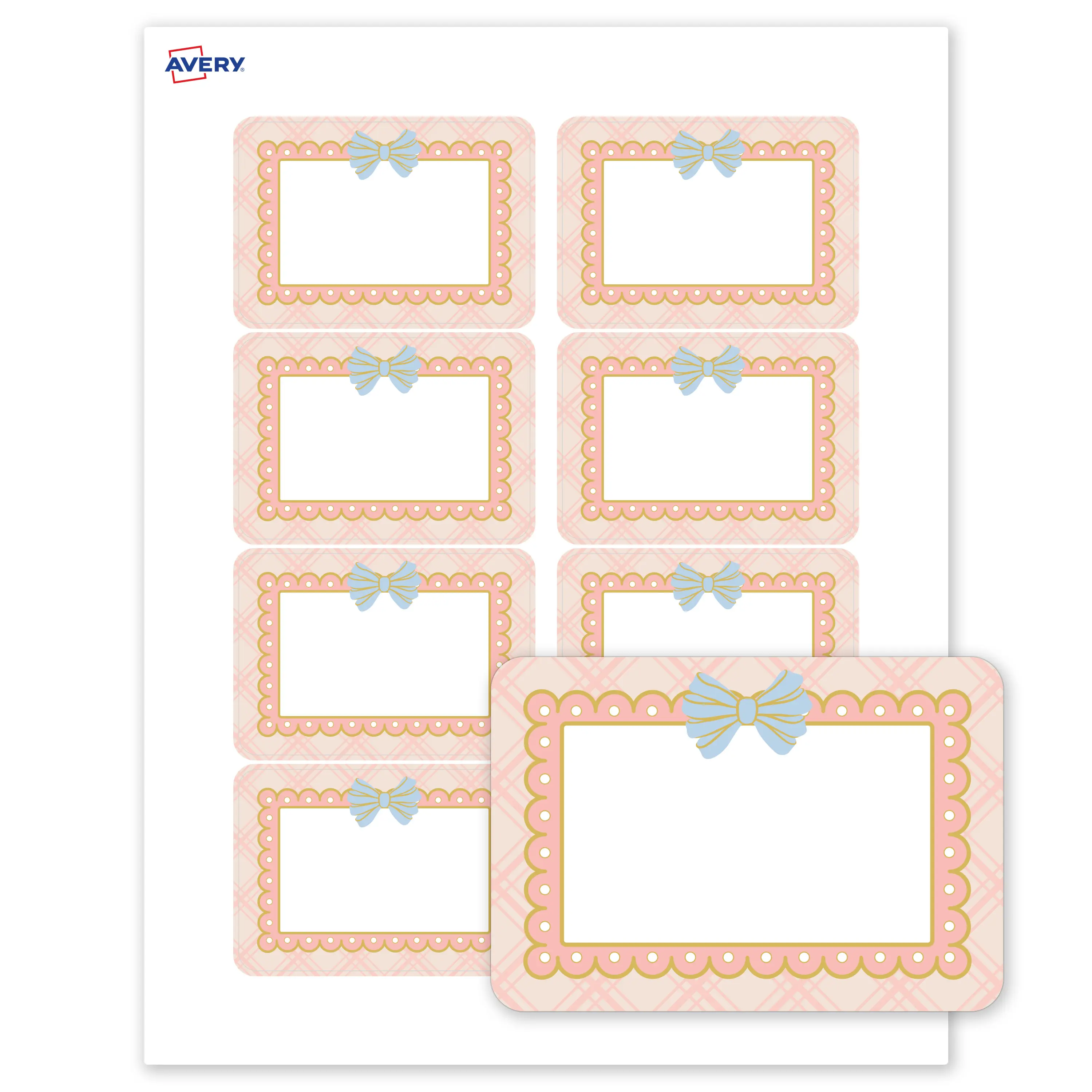 Avery® Printable Adhesive Name Tags Name Badges, 2-1/3" x 3-3/8", Matte White, Pre-printed Pink & Gold Scallop Frame, Bow Design Great for Weddings, Laser & Inkjet Compatible, 80 Total