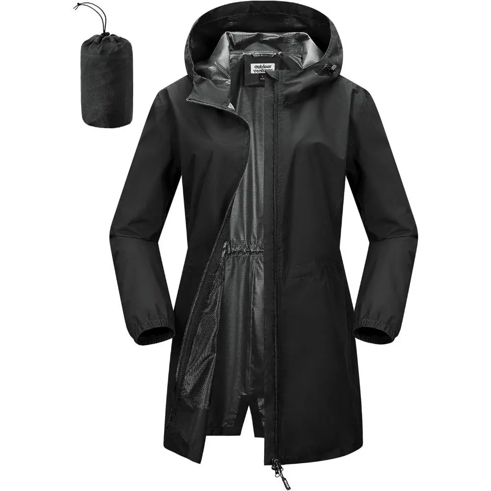 Women's Waterproof Rain Coat, Lightweight Hooded Polyester Trench Jacket with Elastic Waist and Pockets, Packable for Outdoor Golf, Trench Coat, Outdoors, Tops, Longsleeves