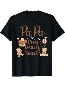 Papa Can Bearly Wait T-Shirt| Cute Bear Balloon Graphic Tee, Black, Short Sleeve, Casual Daddy Pregnancy Announcement Shirt for Men, Breathable & Stylish for All Seasons, Comfortable, Beach & Sports, Outdoor Clothing, Glossy End, Vintage Style