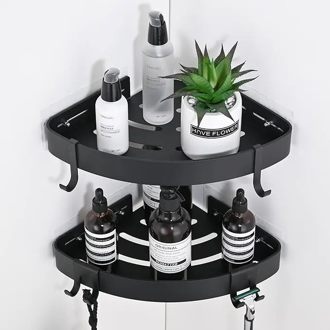 2 Pack Adhesive Corner Shower Caddy with Hooks, No Drill Rustproof Aluminum Bathroom Shelf Organizer for Shampoo, Soap & Toiletries