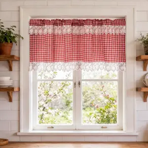 Buffalo Check Valance Window Curtains with White Lace -Red & White Plaid Cotton-polyester Woven Valance- Soft Clothing Fabric Light Filtering Farmhouse Gingham Kitchen Curtain for Bedroom Living & Dining Room Home Decor