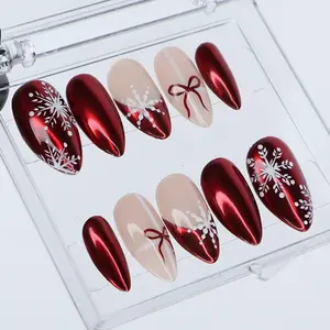 Handmade Red Chrome Snowflake Press-On False Nails, Medium Almond Shape, Holiday Nail Art Decorations