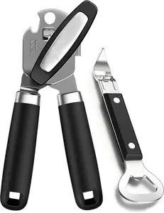 2PCS Can Opener Manual & Bottle Opener, Smooth Edge Manual Can Openers with Strong Magnet, Heavy Duty Stainless Steel Abrelatas Handheld Can Openers - Premium Kitchen Supplies (Black)