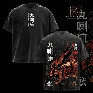 Nine Tails Fox T-Shirt – Oversized Vintage Washed Naruto Inspired Tee, Kurama Anime Graphic Shirt, Acid Wash Heavy Cotton Unisex Streetwear, Casual Anime Graphic Tee, Gift for Anime Fans, Gym Pump Cover