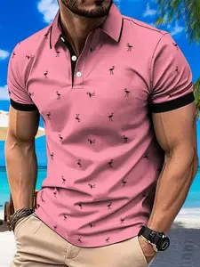 Men's Breathable Polyester Polo Shirt, Casual Classic Fashion Short Sleeve Button Detail, Summer Wear, Geometric Design, Fitted Style, All Seasons