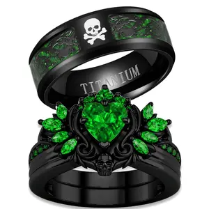 Lvrong Couple Rings Matching Rings Black Wings Skull Ring 1.5ct Heart Green CZ Womens Wedding Ring Sets Punk Ring