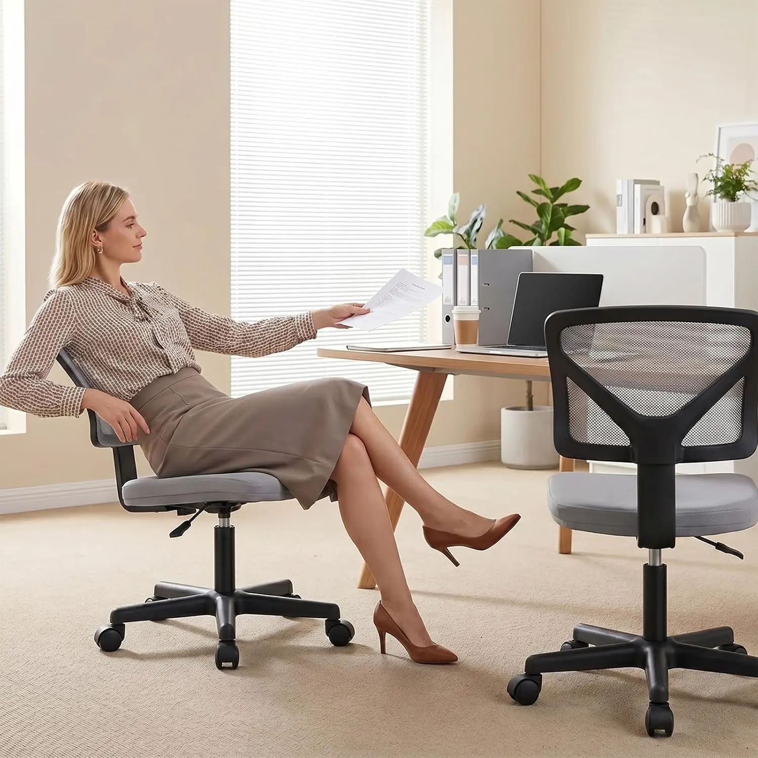 Small Ergonomic Low-Back Mesh Desk Chair with Wheels Lumbar Support Armless Swivel Rolling Seat for Home Bedroom Study Student Adults