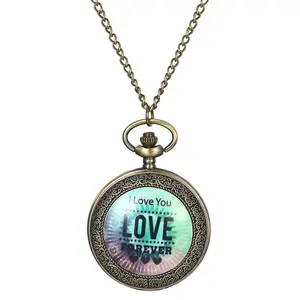 OIDEA "I Love You Forever" Decorated Pocket Watch, Quartz Antique Bronze Necklace Watch, Engraved Case with Large Numeral Dial, Romantic Gift