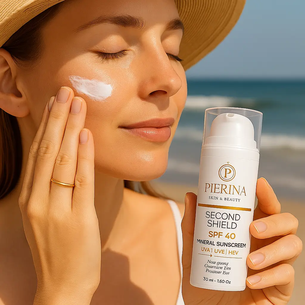 Second Shield Sunscreen SPF40 By Pierina UVA UVB & HEV Mineral Formula with Zinc Oxide 12.5% for UVA UVB Protection & Pore Size Reduction 50ml Lavend