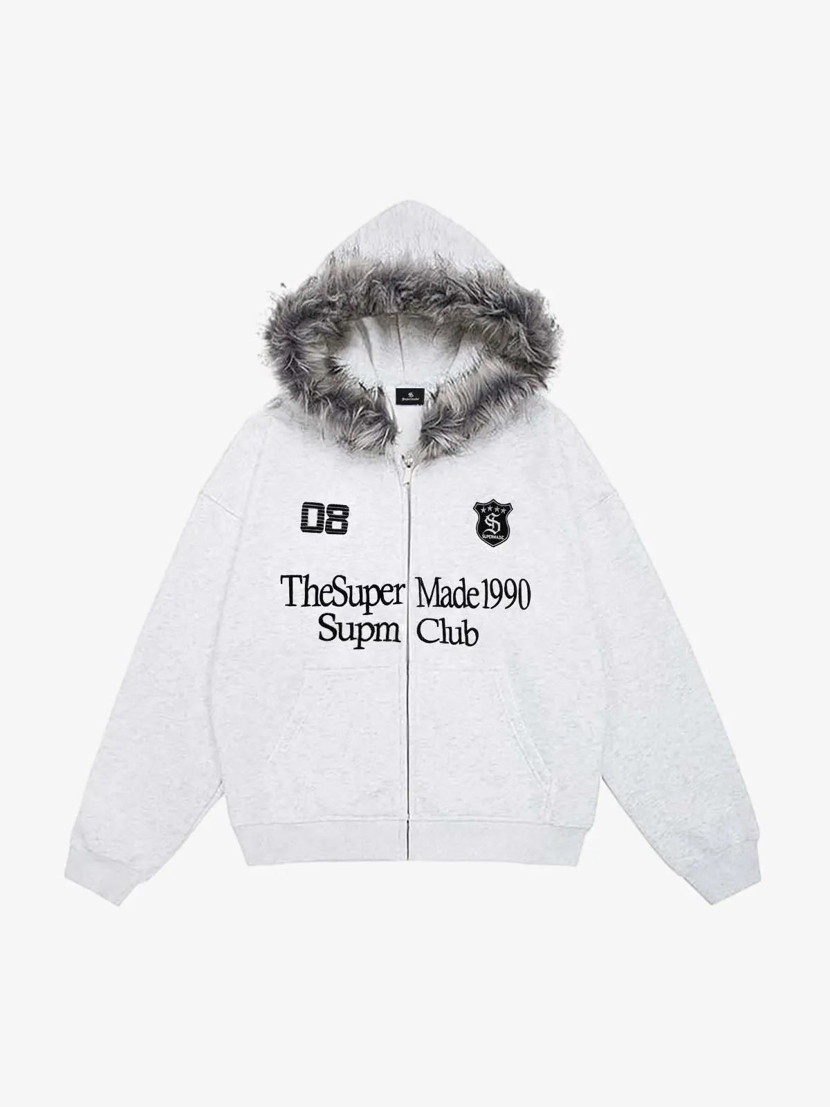 Letter Medal Embroidered Cardigan Fur Collar Zip Up Hoodie- 2502