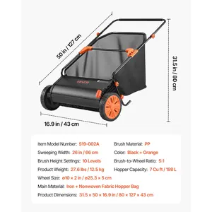 VEVOR Push Lawn Sweeper, 26 in Leaf Grass Collector with 7 cu. ft. Hopper Bag, Adjustable Brush Height Spinning Brushes, Heavy Duty Yard Sweeper with Rubber Wheels for Leaves Grass Cleanup