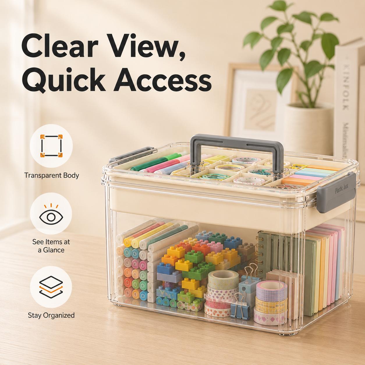 UFORU Compartmented 2-Tier Storage Organizer with Handle for Carry - Home Supplies Zoned Storage Organization, Large Capacity Portable Craft Box for Pens, Markers, Art Supplies, Kids’ Small Building Blocks & Toy Parts, Transparent Multipurpose Organizer