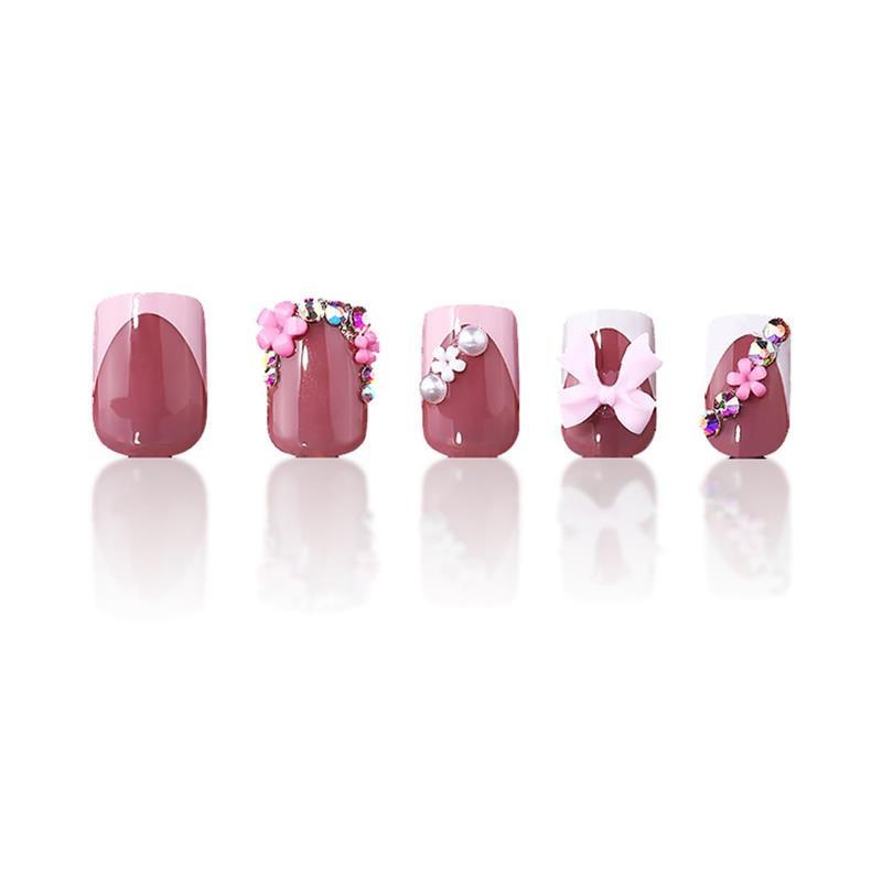 24pcs French Tip Press-On Nails - Short, Charms, Bow, Flower Design, Pink, Cute, Square Shape, Acrylic, Rhinestones