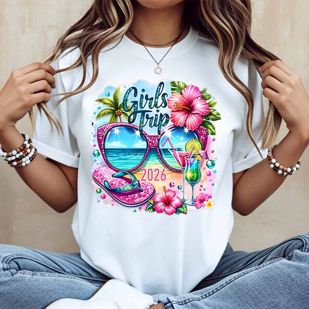 Girls Trip 2026 Tropical Sunglasses Flip Flops And Cocktail Print V Neck T Shirt White Casual Loose Fit For Beach Vacation Outing