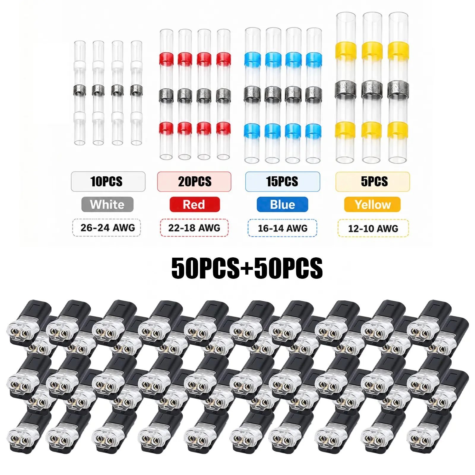 100PCS Automotive Wire Connector Set – No Crimp Quick Splice (18-22 AWG Black) & Solder Seal Waterproof Butt Connectors (12-10 AWG Yellow, 16-14 Blue, 22-18 Red, 26-24 White) for Car Audio Trailer Hitch, Home Appliance Repair & Splicing