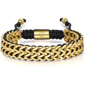Double Franco Link 18K Gold Plated Bracelet for Men Stainles Steel Adjustable Men Gold Bracelet Jewelry