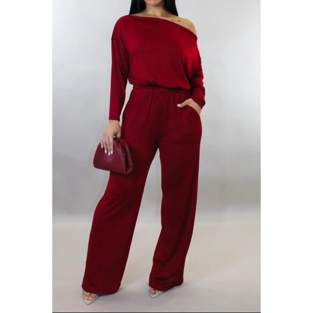 Velvet Glow One-Shoulder Jumpsuit – Burgundy