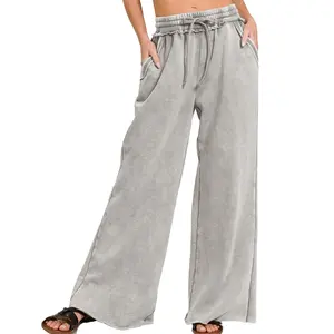 MaLinfandor Women Acid Wash Palazzo Sweatpants Casual High Waist Drawstring Wide Leg Pants Baggy Fleece Trousers with Pockets