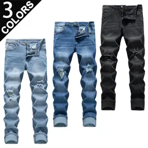 Clean Gent men’s solid-color straight slim stretch jeans, cotton fabric for comfort and durability, distressed fashionable street-style design, suitable for everyday wear—long pants ideal for all seasons.