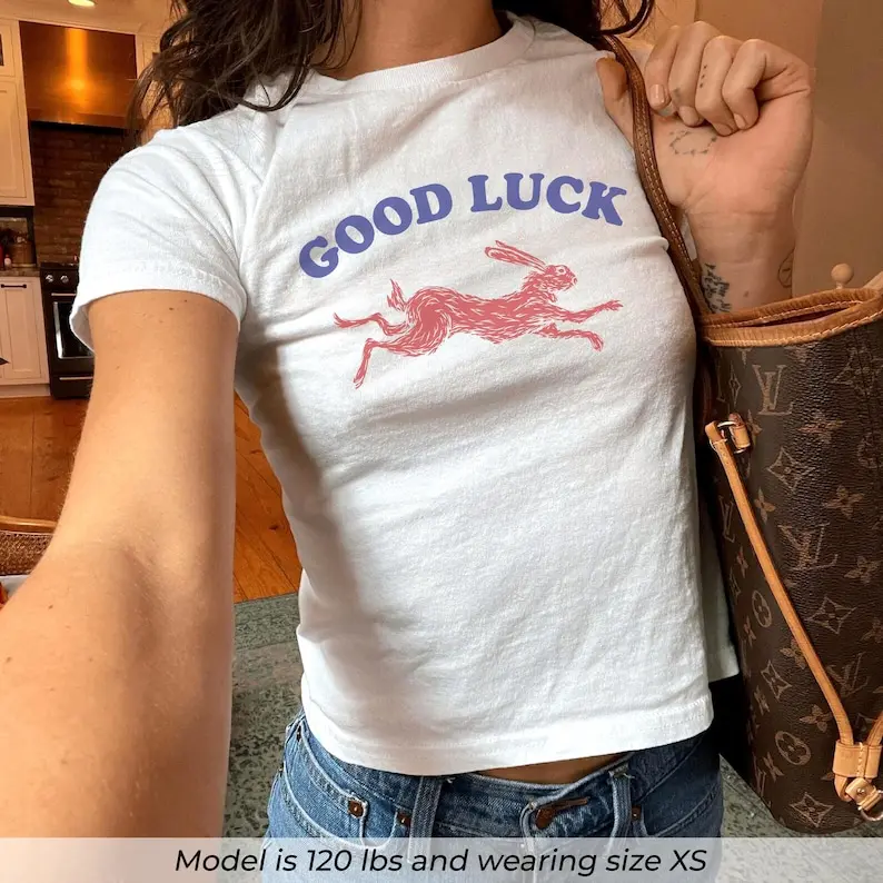 Good Luck Rabbit Baby Tee, Lucky Graphic Tee for Women, Retro Western Style Shirt, Cool Vintage Animal T Shirt, Running Bunny Tee