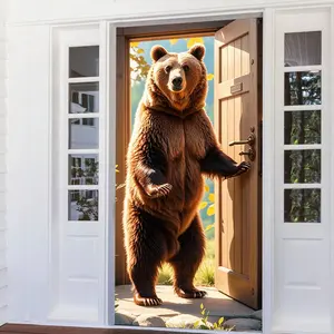 1PC,2D Flat Door Banner Creative Brown Bear Door Banner, Festival Decoration Curtain, Outdoor & Indoor Door Backdrop, Funny Animal - Themed Party Decor, Halloween & Christmas Door Ornament, Hom