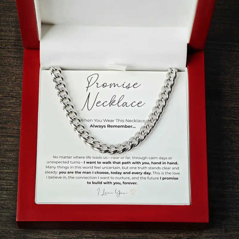Promise Necklace for Boyfriend - Waterproof Non-Tarnish Stainless Steel Cuban Link Chain, Mens Non-Tarnish Jewelry Accessory, Love & Commitment Symbol with LED Wooden Box, Gifts For Boyfriend, Gift for Anniversary, Christmas or Valentine's Day
