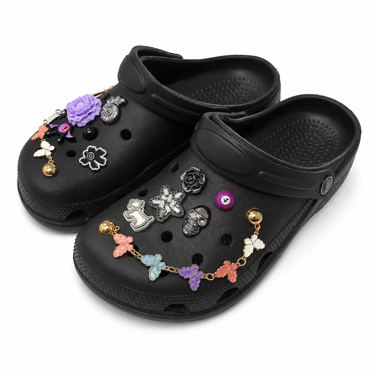 Black Clog Shoes with 10 Removable Charms & 2 Butterfly Chains, Cute Goth Floral Slip-On Garden Sandals for Women