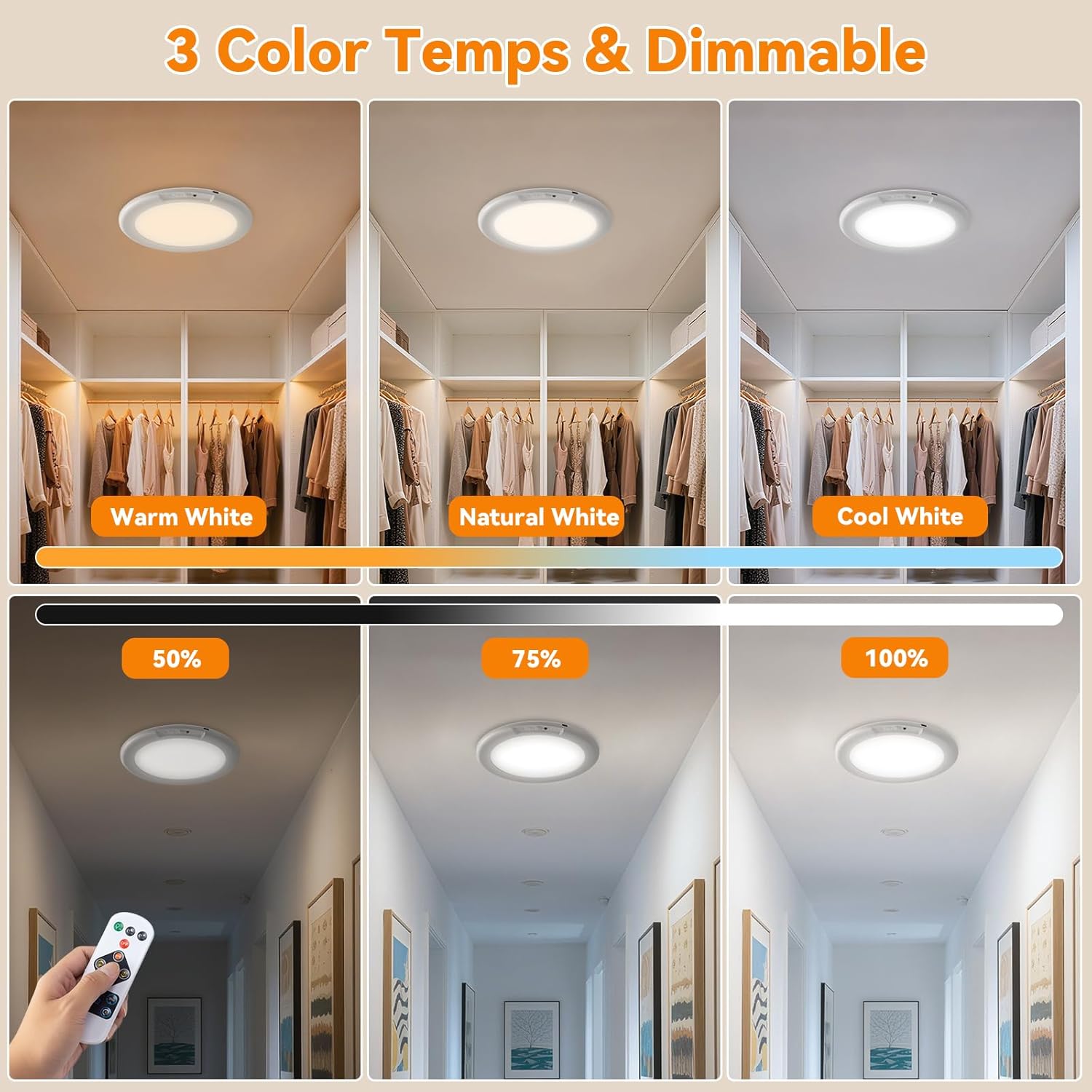 Rechargeable Ceiling Light 2Pack, 3 Color Motion Sensor Lights with Remote, Wireless Closet Light Battery Operated, Magnetic Dimmable LED Lights for Shower Pantry Shed Hallway Porch Garage Stairs lamp