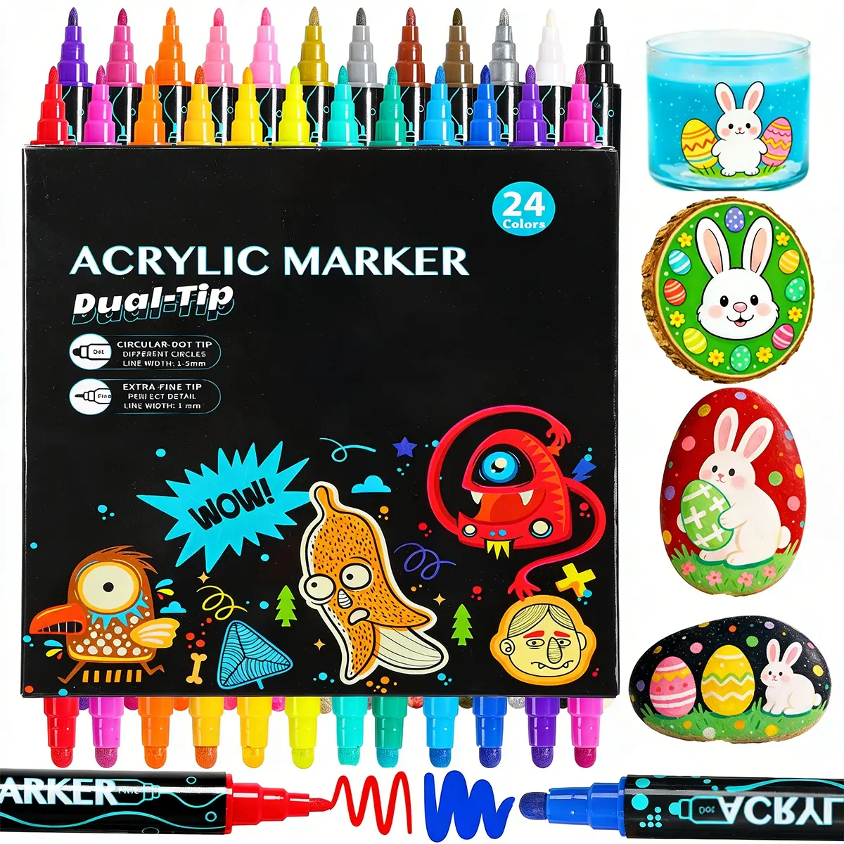 24 Dual-Tip Acrylic Markers - High Pigment Office Stationery Writing Tools, Coloring Supplies for Rock Wood Craft, Easter Gifts for Teens Kids DIY Art Projects, Markers For Coloring