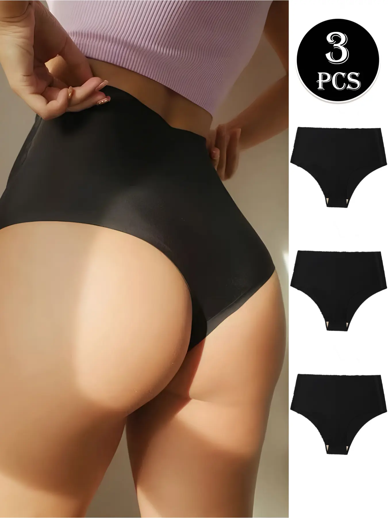 3 pieces of women's Soft Seamless high-waisted underwear, Casual Soft Panties, Seamless Control Briefs, ice-cool feeling, black, quick-drying and comfortable briefs, blended with nylon and spandex, with belly support design