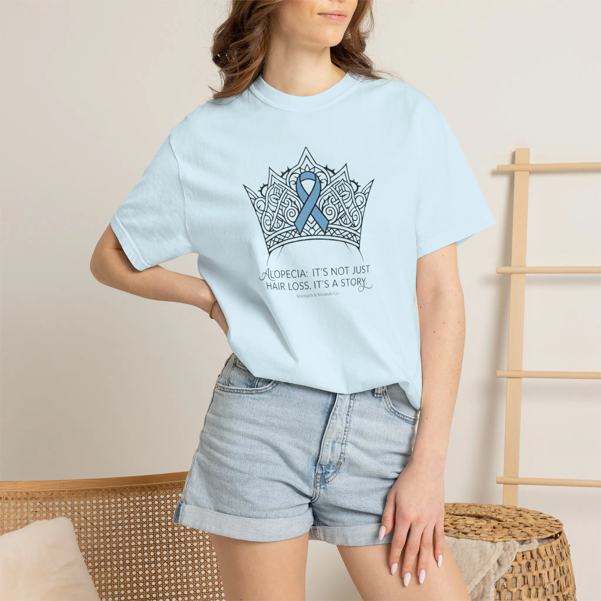 Alopecia Awareness Crown with Blue Ribbon T-shirt | Hair Loss Support