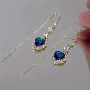 1 Pair Of Light Luxury Heart-shaped Blue Artificial Crystal Pendant Tassel Earrings, Sparkling Rhinestone Decoration, Very Suitable For Women