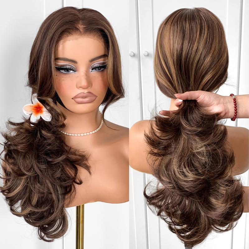 Feather Layered Hair Pre Plucked Cuting Style Long 13x6 Synthetic Lace Front Wig Wear and Go Glueless Natural Hairline Burgundy Blonde Black Wig