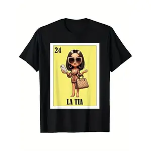 Funny Mexican La Tia Graphic T-Shirt - Aunt Fresa Version with Cartoon Character & Phone Design - 100% Cotton Regular Fit High Neck Casual Tee for Adults - Family Matching Gift for Holidays, Birthdays, 4th of July, Mexican T Shirt