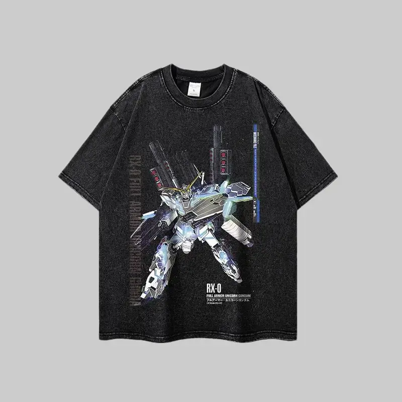 Vintage Washed Gundam Unicorn T-Shirt | Heavyweight Cotton Mecha Streetwear | Oversized Graphic Tee for Men & Women, Trendy Cyber Y2K Top