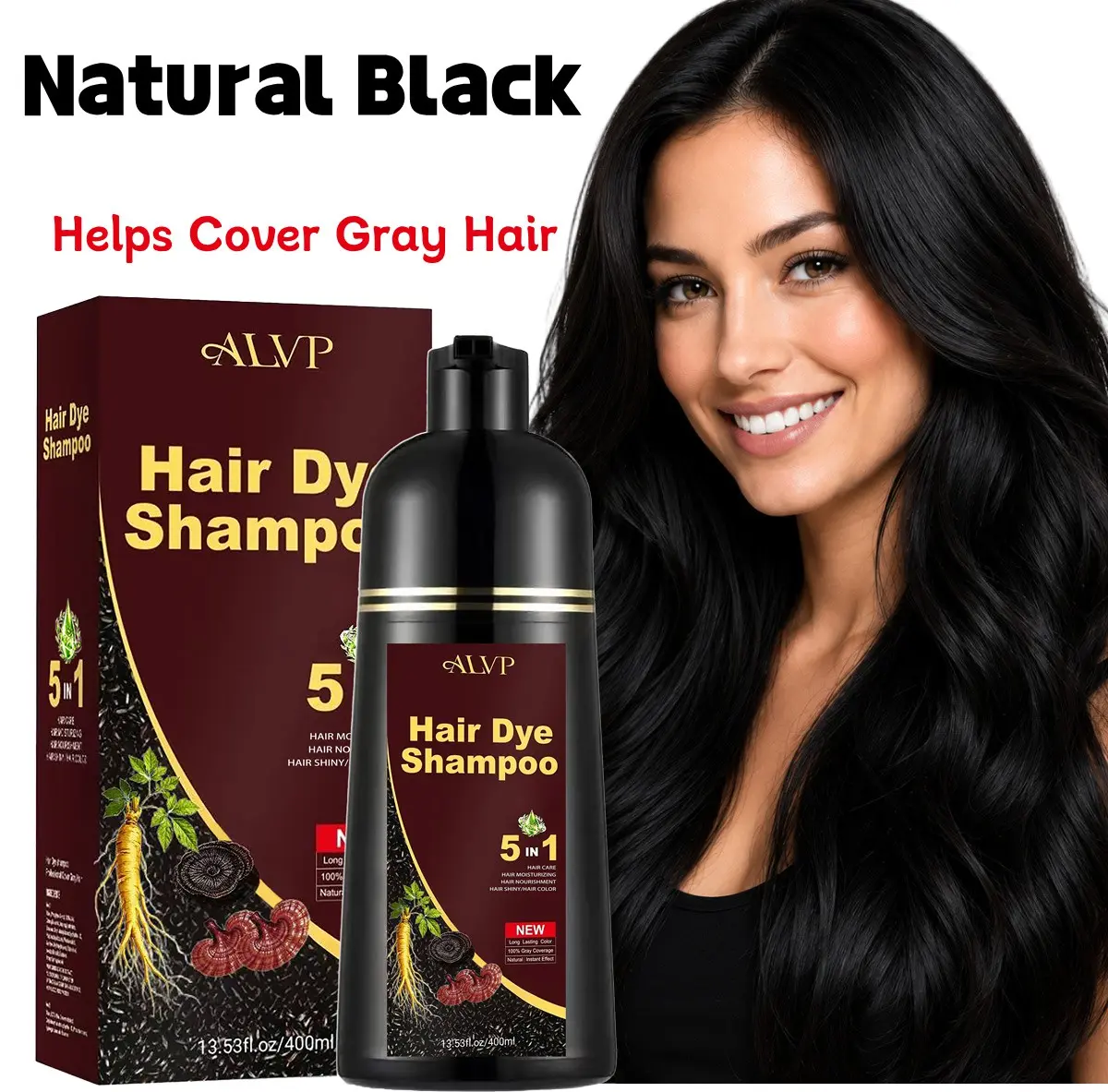 ALVP 5-in-1 Herbal Color Shampoo, Haircare Cleanser & Conditioner with Ginseng for Men & Women - Smooth Gray Coverage, Long-Lasting Color, Scalp Nourishing