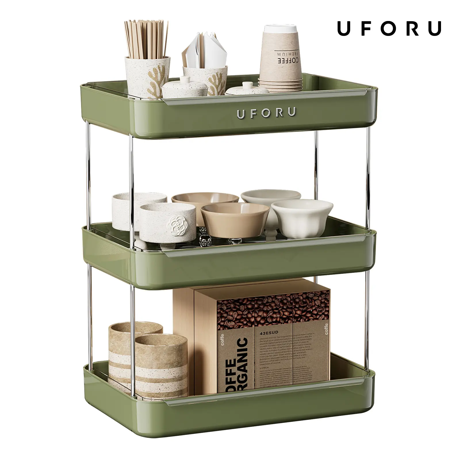UFORU 2/3 Tier Cup Drying Rack, Vintage Countertop Cup Storage Organizer with Drain Tray, Multilayer Kitchen Mug Holder, White/Black/Green Home Desktop Water Cup Stand