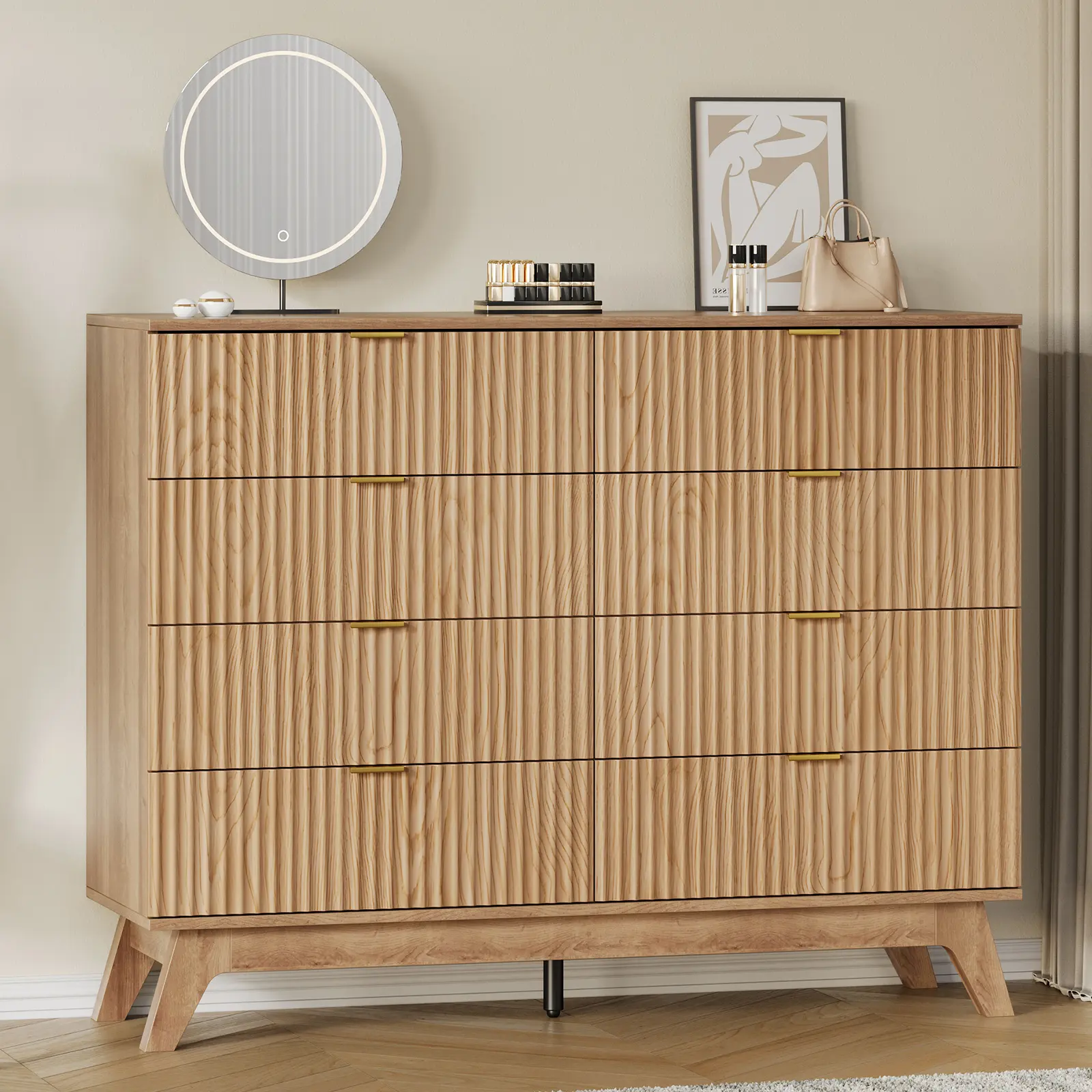 FUSOU 47.2" Oak Modern Farmhouse Fluted 8-Drawer Dresser - Deep Wood Drawers, Waterproof Top, Large-Capacity Cabinets, Family Organization, Bedroom Entryway Storage Solution, Living Room TV Stand